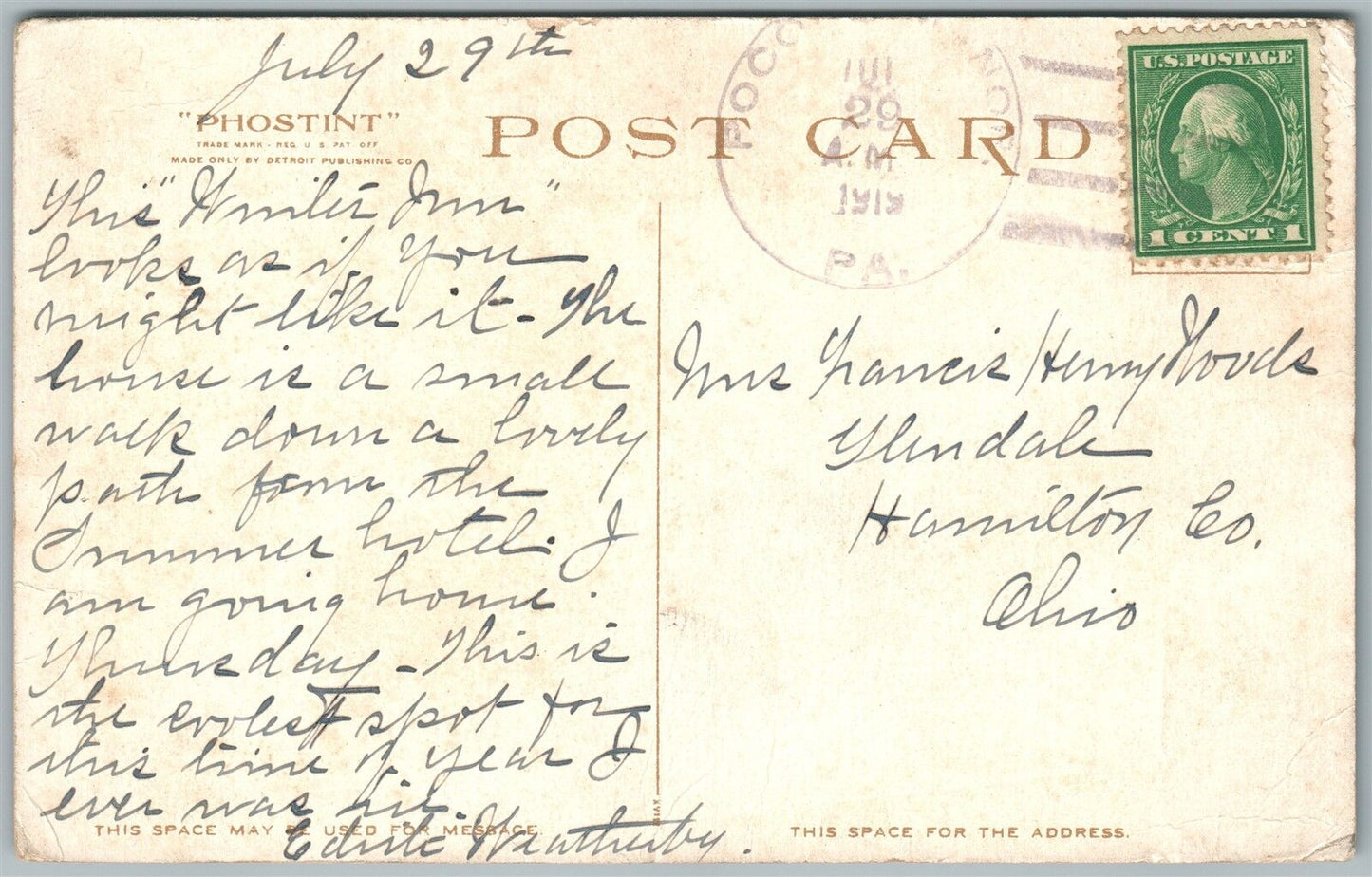 POCONO MANOR WINTER INN PA 1919 ANTIQUE POSTCARD