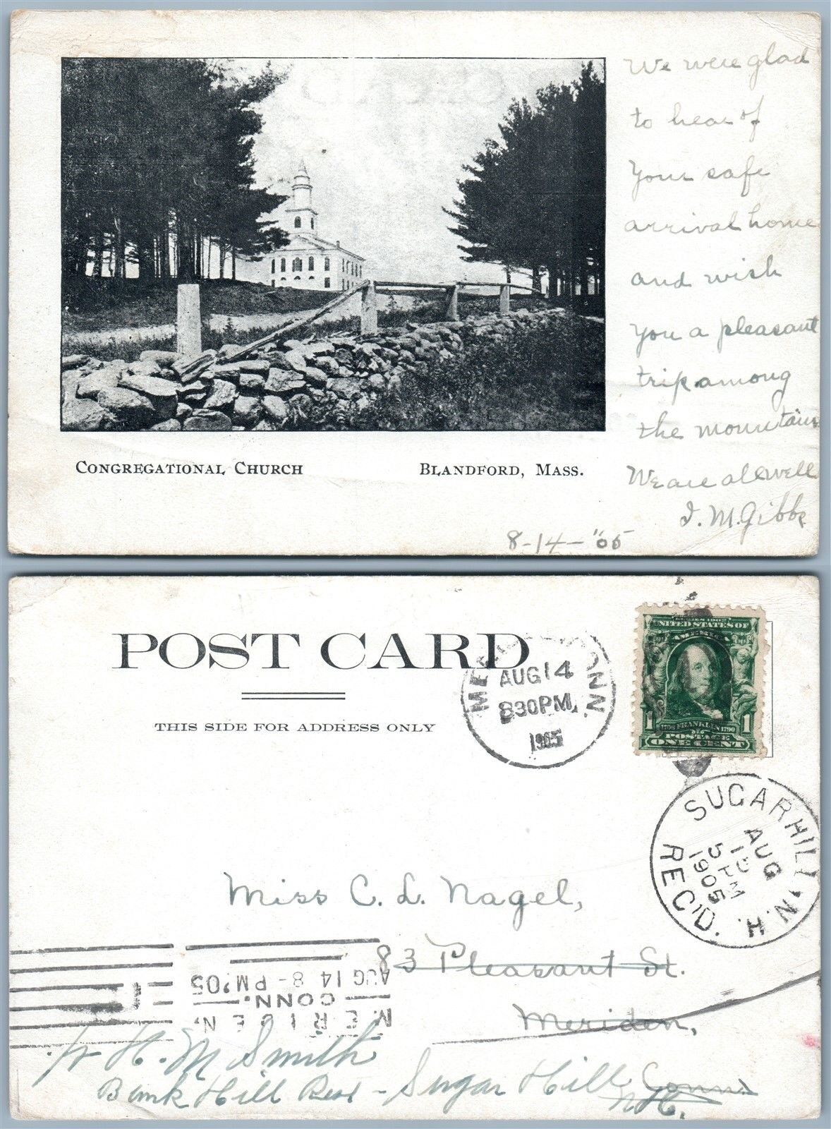 BLANDFORD MA CONGREGATIONAL CHURCH 1905 UNDIVIDED ANTIQUE POSTCARD