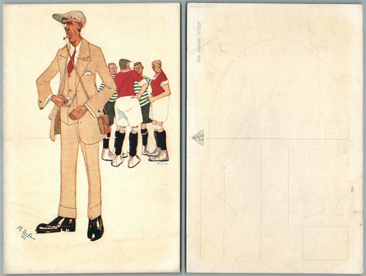 FOOTBALL PLAYERS 1911 ANTIQUE COMIC POSTCARD ARTIST SIGNED M.DUDA