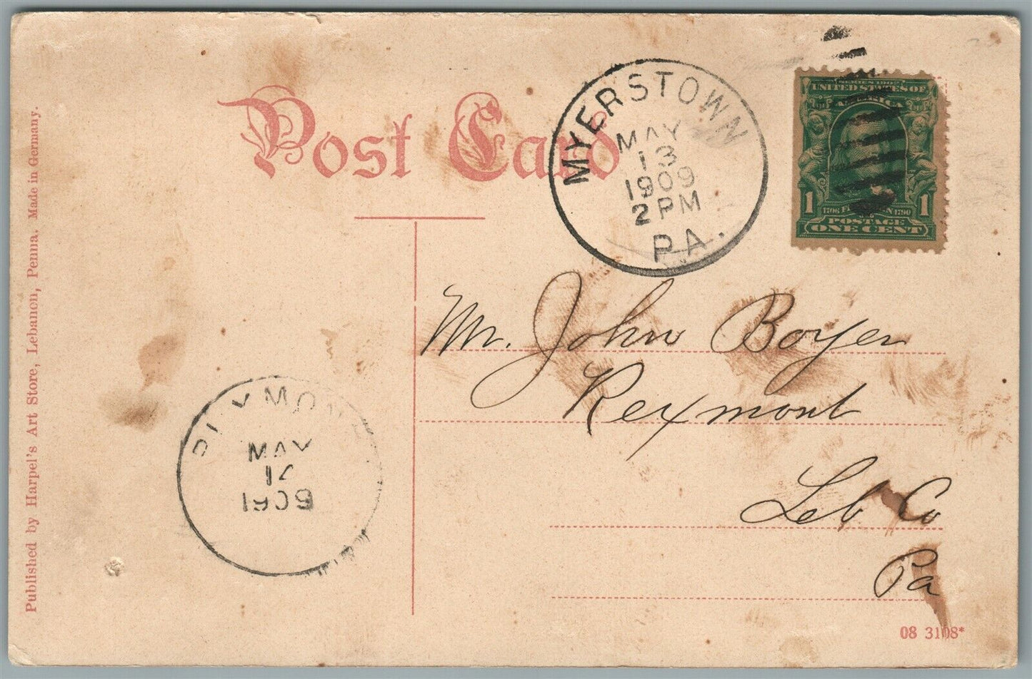 MYERSTOWN PA RAILROAD STREET ANTIQUE POSTCARD