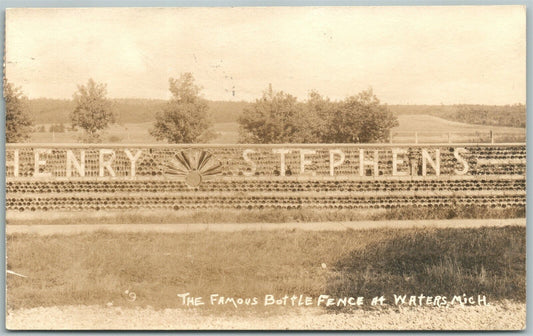 FAMOUS BOTTLE FENCE at WATERS MI 1925 ANTIQUE REAL PHOTO POSTCARD RPPC