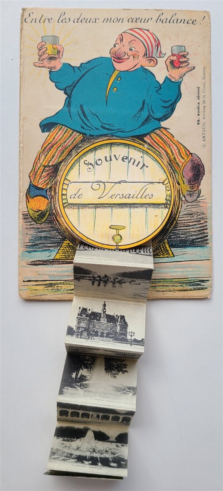 FRENCH ANTIQUE COMIC POSTCARD w/ FOLDING MINIATURE VIEWS SOUVENIR de VERSAILLES