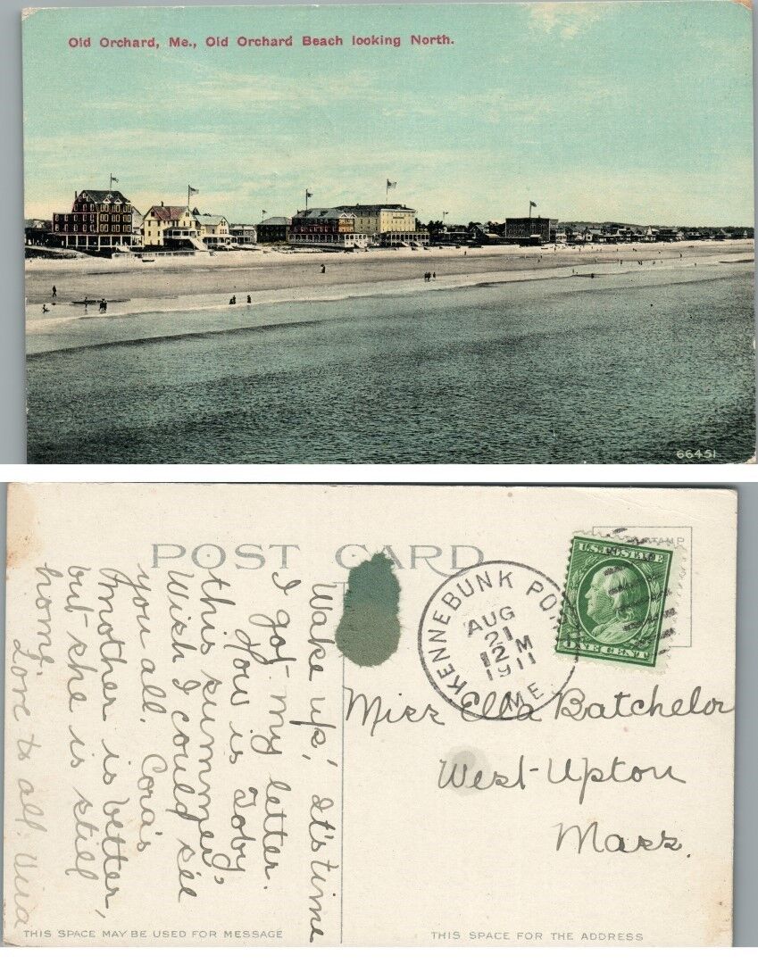 OLD ORCHARD BEACH ME LOOKING NORTH ANTIQUE 1911 POSTCARD