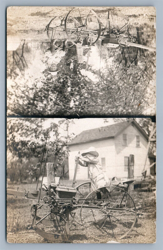 KID w/ AGRICULTURE EQUIPMENT DOUBLE IMAGE ANTIQUE REAL PHOTO POSTCARD RPPC