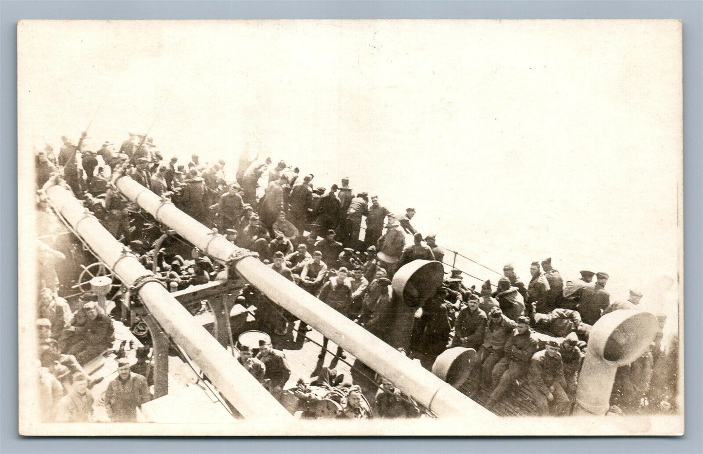 WWI ERA MILITARY SHIP w/ SOLDIERS ANTIQUE REAL PHOTO POSTCARD RPPC