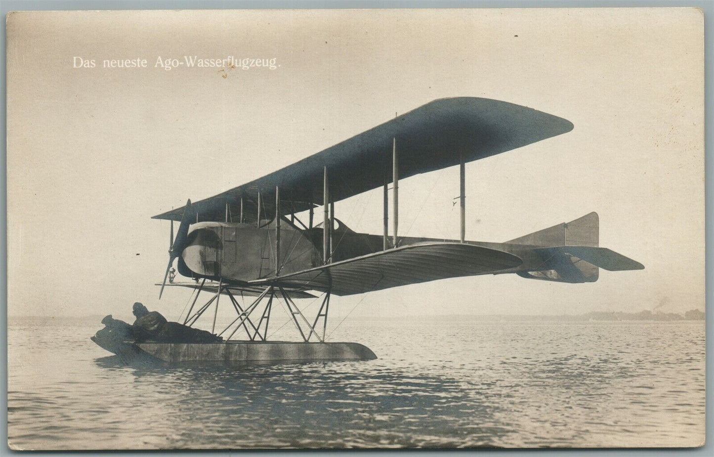 EARLY AVIATION BIPLANE HYDROPLANE AGO-WASSERFLUGZEUG ANTIQUE REAL PHOTO POSTCARD
