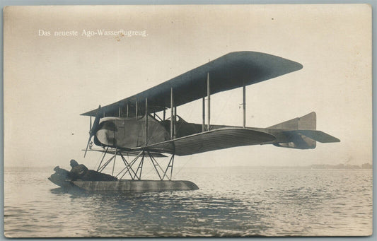 EARLY AVIATION BIPLANE HYDROPLANE AGO-WASSERFLUGZEUG ANTIQUE REAL PHOTO POSTCARD