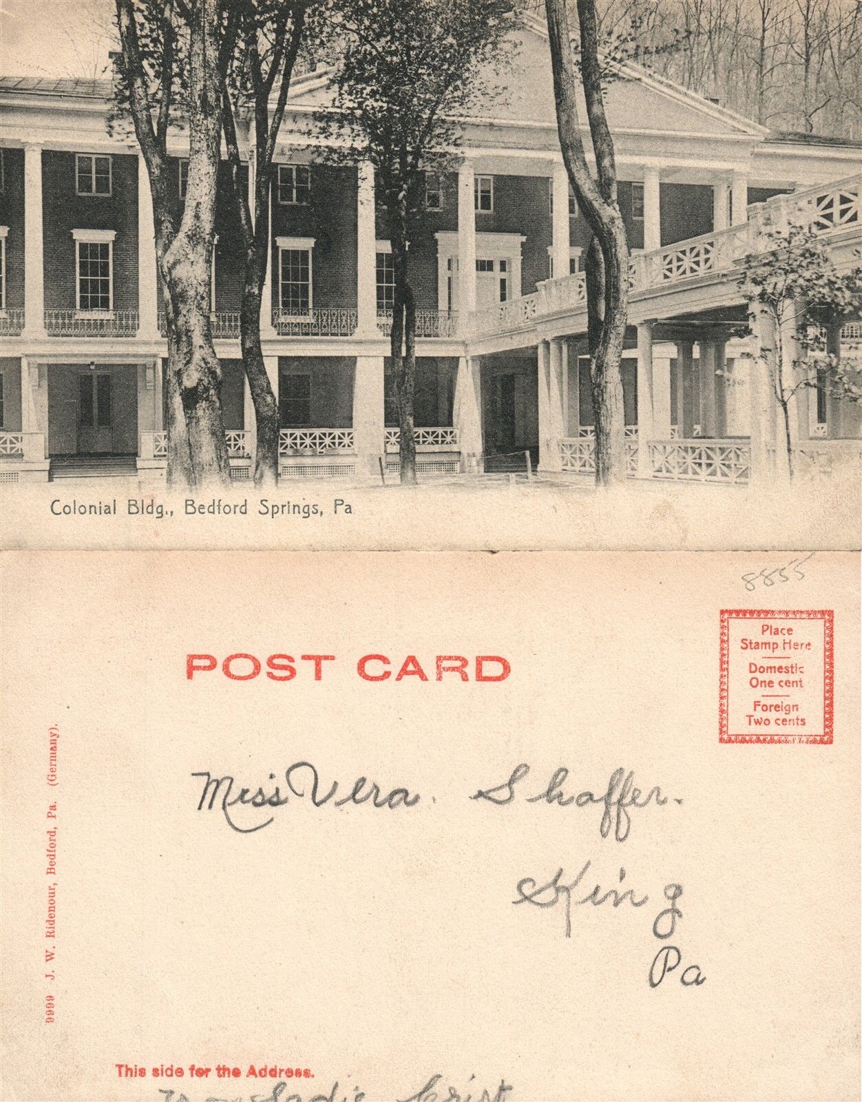 BEDFORD SPRINGS PA COLONIAL BUILDING UNDIVIDED ANTIQUE POSTCARD