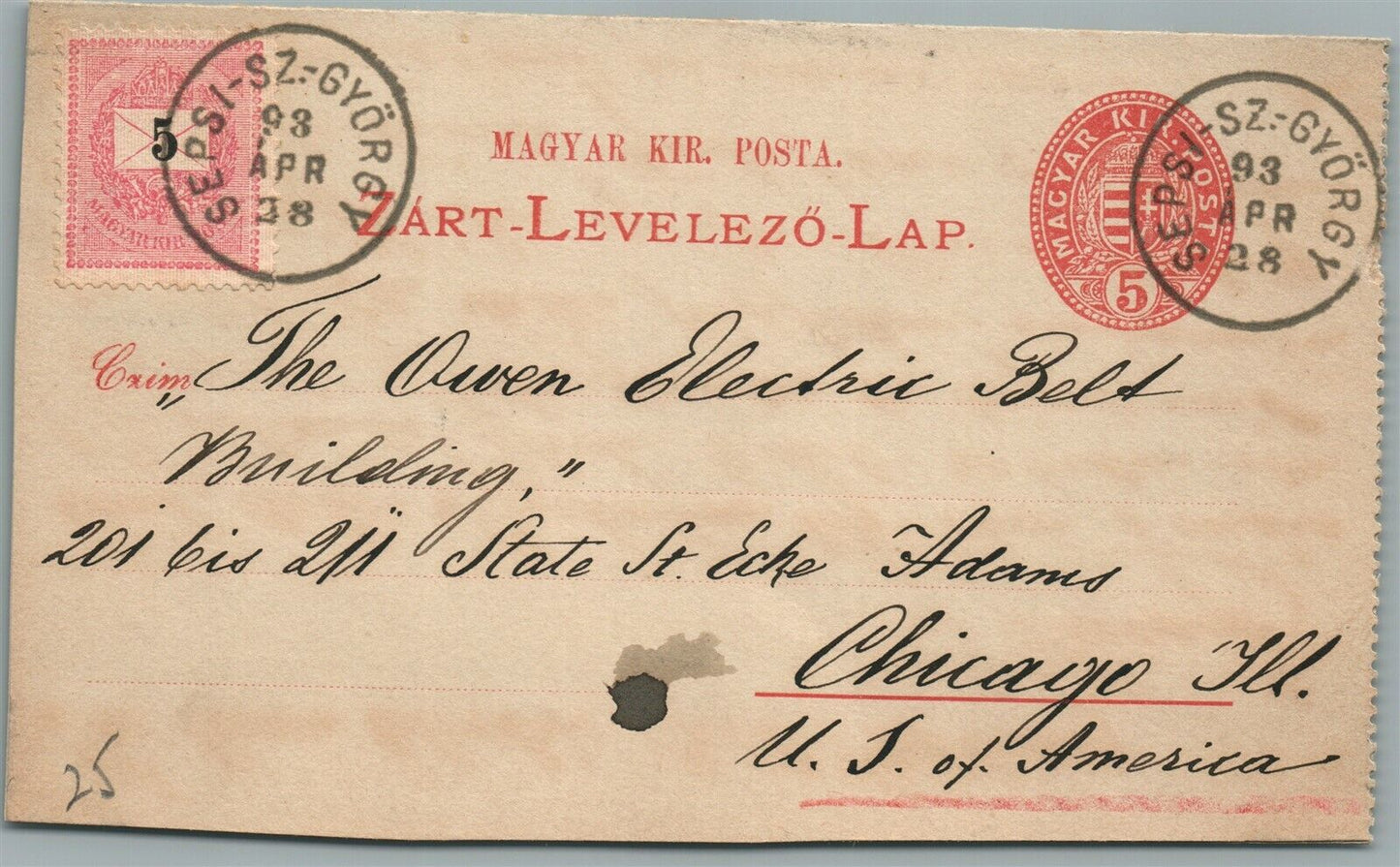 HUNGARY to CHICAGO USA 1893 ANTIQUE COVER