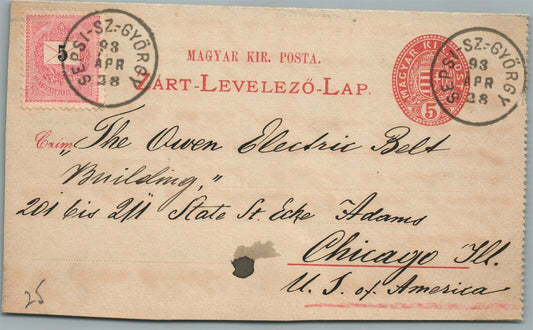 HUNGARY to CHICAGO USA 1893 ANTIQUE COVER