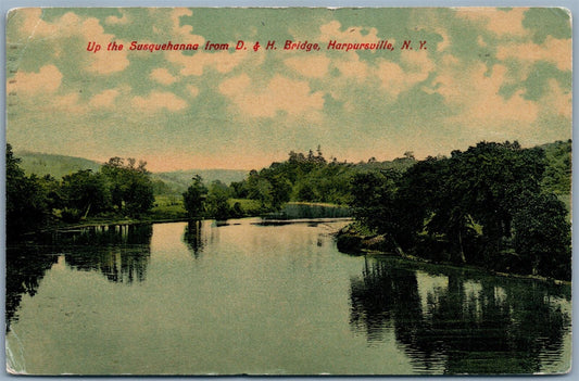 HARPURSVILLE NY SUSQUEHANNA FROM D. & H. BRIDGE 1913 ANTIQUE POSTCARD