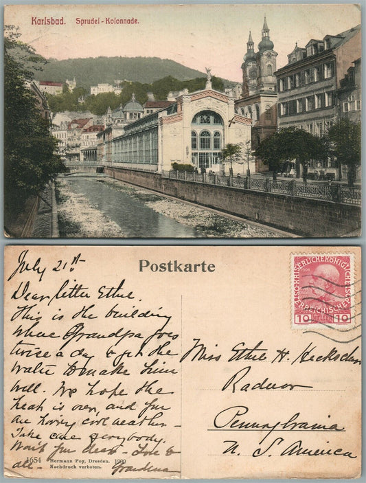 KARLSBAD CZECHOSLOVAKIA ANTIQUE POSTCARD w/ AUSTRIAN STAMP Karlovy Vary