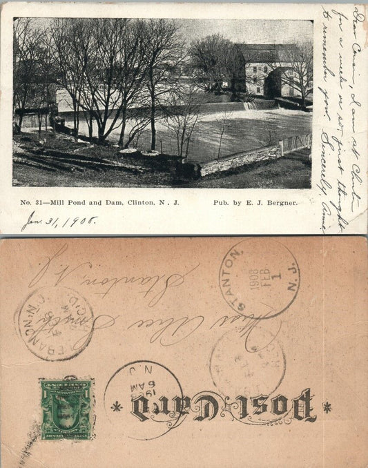 ANTIQUE UNDIVIDED 1908 POSTCARD MILL POND & DAM CLINTON N.J.