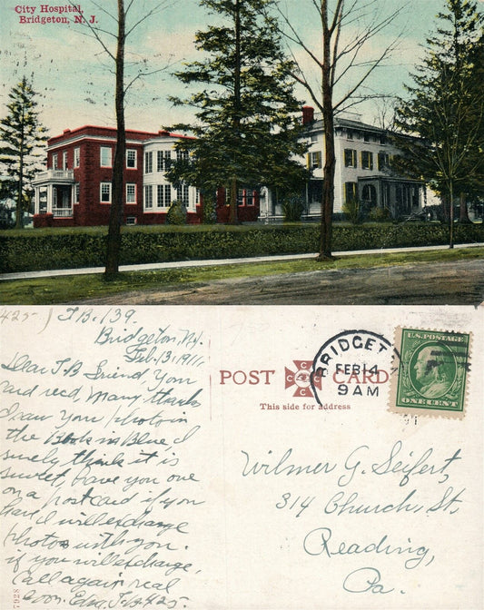 BRIDGETON N.J. CITY HOSPITAL 1911 ANTIQUE POSTCARD w/ CORK CANCEL