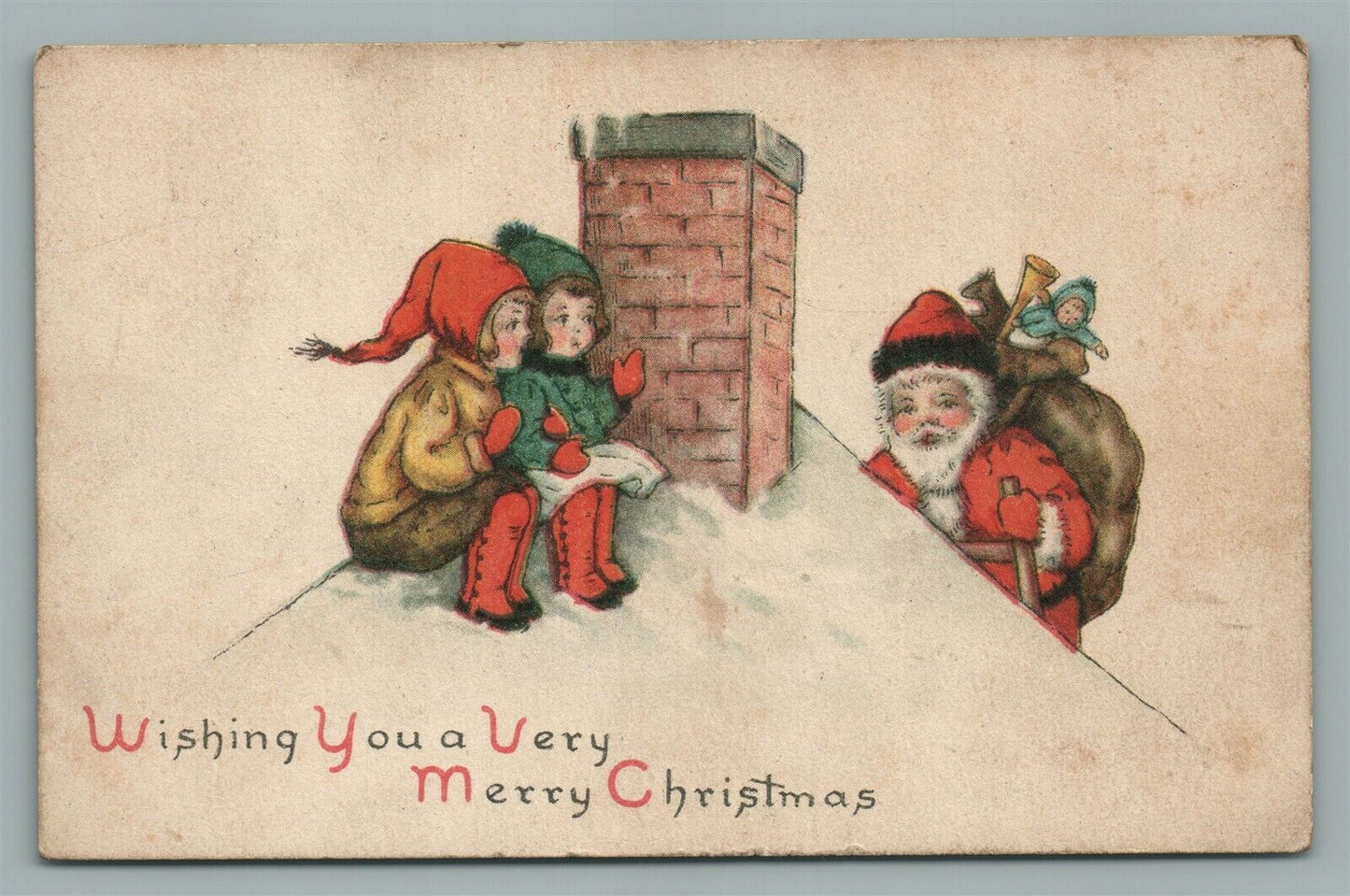 SANTA on the ROOF MERRY CHRISTMAS ANTIQUE POSTCARD