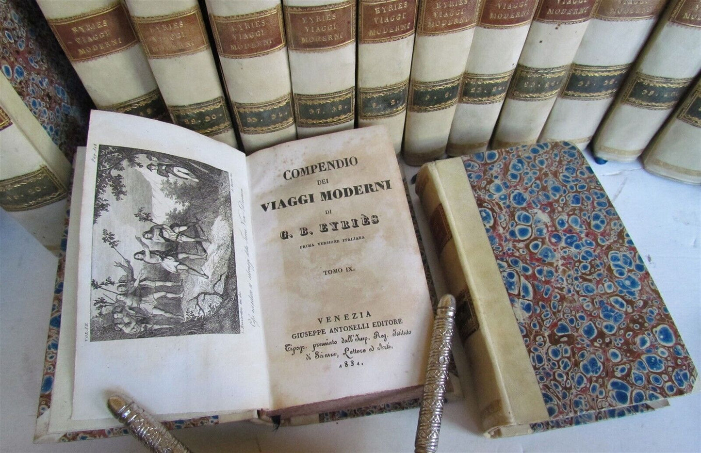 1830-1834 COLLECTION OF TRAVELS 20 VOLUMES antique Compendio dei viaggi moderni