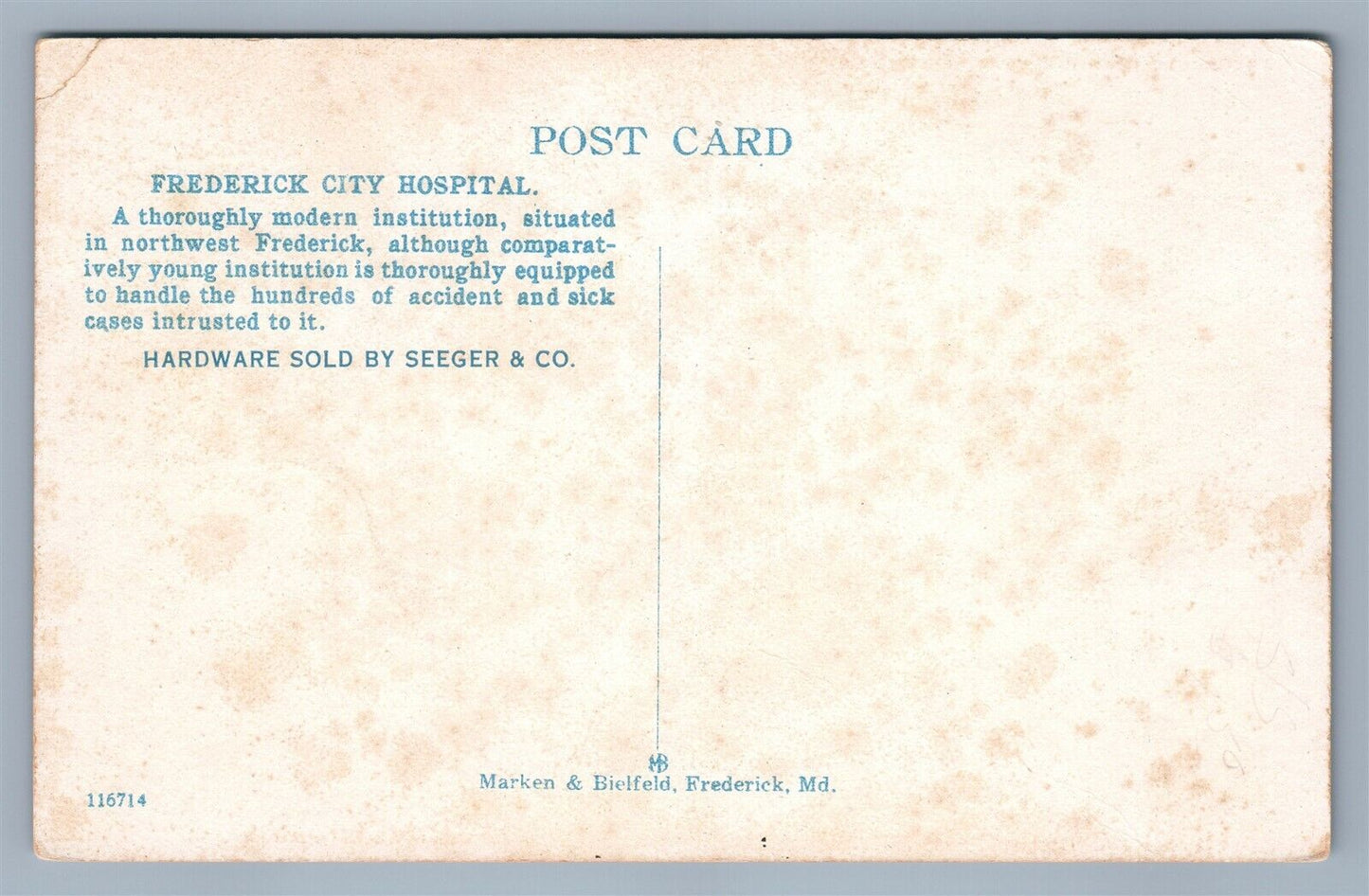 FREDERICK MD CITY HOSPITAL ANTIQUE POSTCARD HARDWARE CO. ADVERTISING