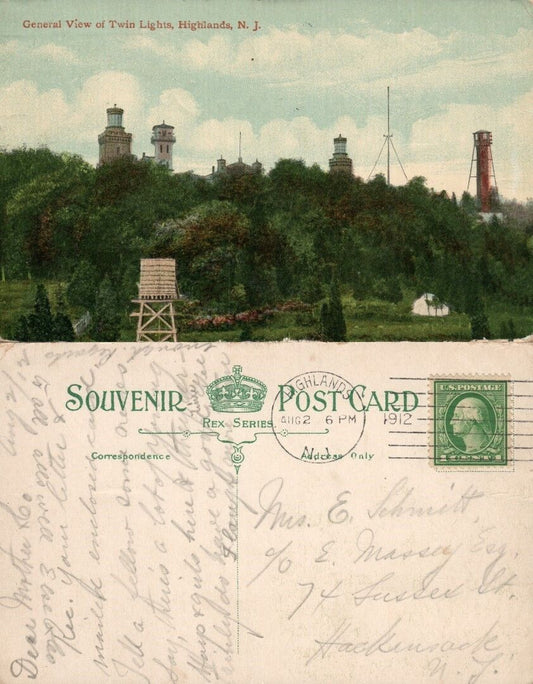 HIGHLANDS N.J. GENERAL VIEW OF TWIN LIGHTS 1912 ANTIQUE POSTCARD