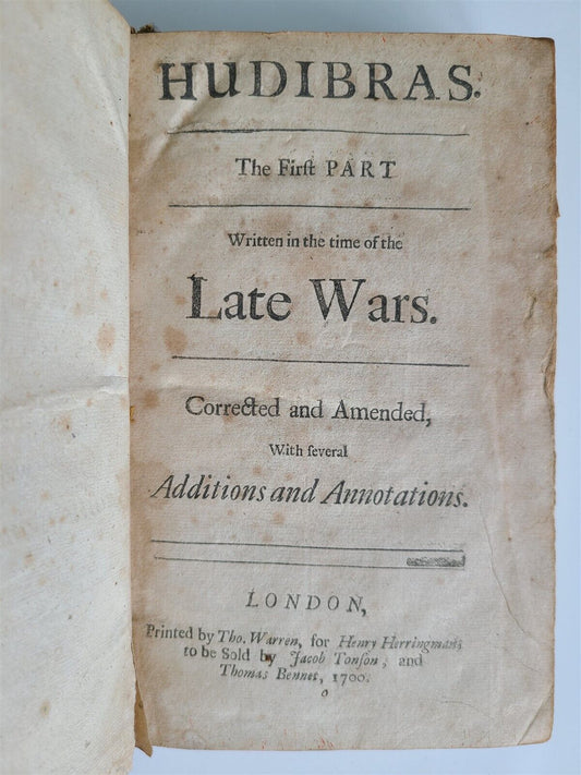 1700 HUDIBRAS by SAMUEL BUTLER antique in ENGLISH POLITICAL SATIRE