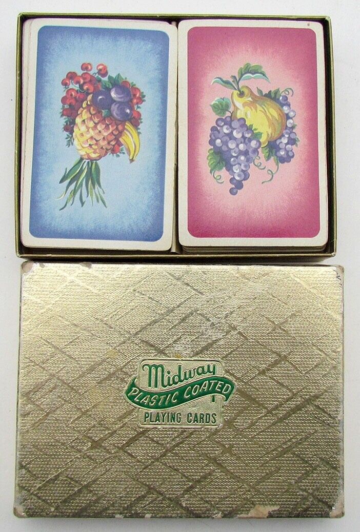 VINTAGE MIDWAY PLAYING CARDS DOUBLE DECK SET w/ BOX - FRUITS BACK by ARRCO