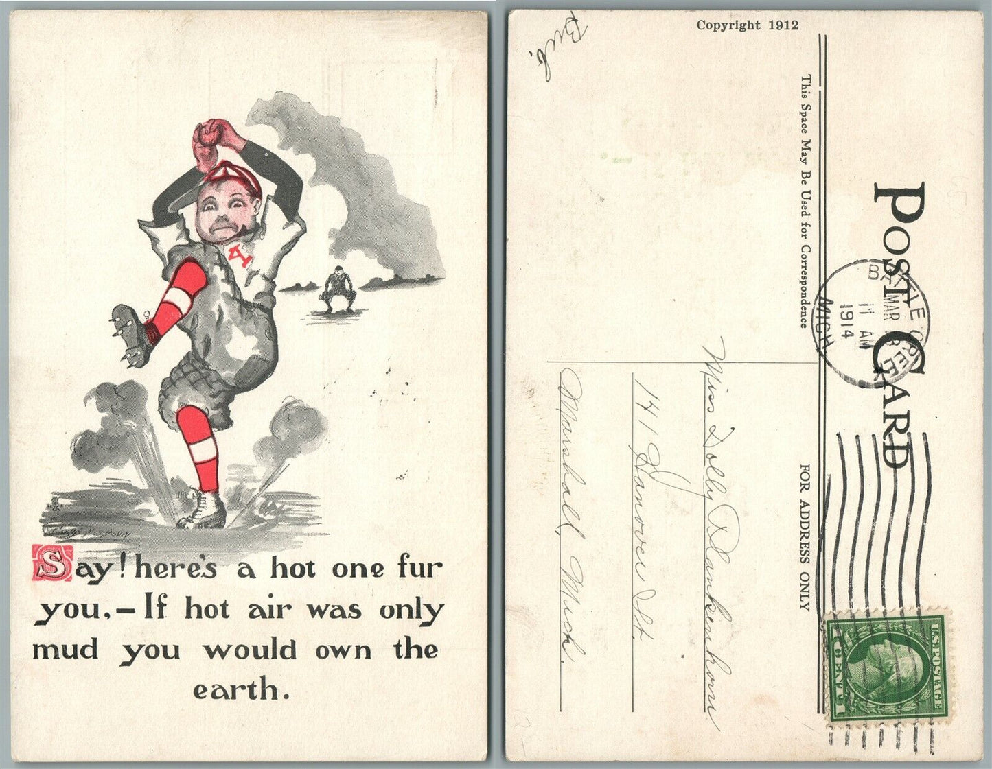 BASEBALL PLAYER 1914 ANTIQUE COMIC POSTCARD