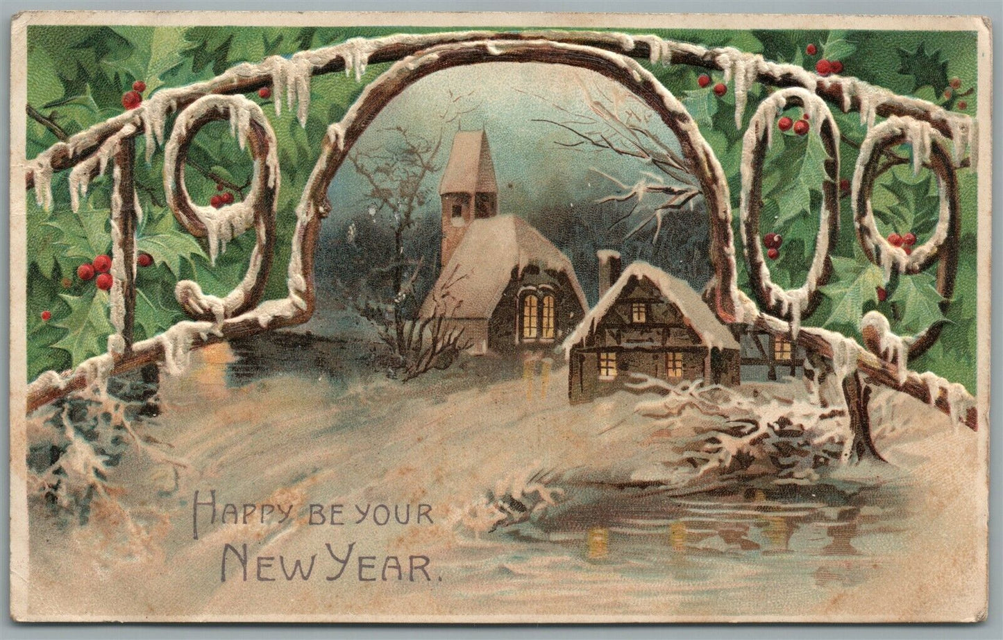 1909 HAPPY NEW YEAR CHRISTMAS ANTIQUE EMBOSSED POSTCARD