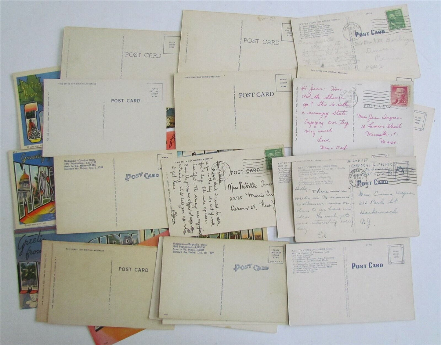 LOT of 37 VINTAGE GREETINGS POSTCARDS TX AL NC SC GA MO MS TN