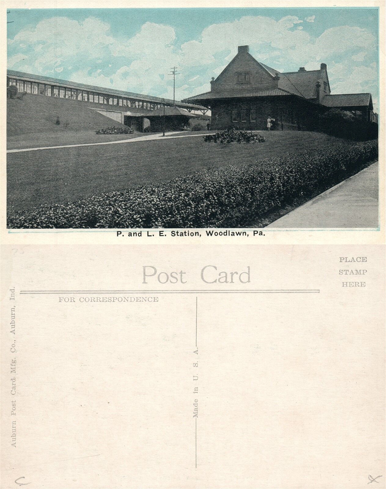 WOODLAWN PA P. & L.E. RAILROAD STATION ANTIQUE POSTCARD railway depot