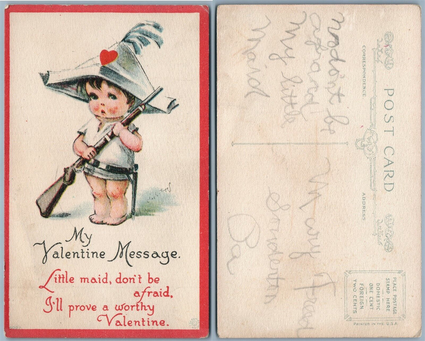 ARTIST SIGNED VALENTINE MESSAGE ANTIQUE POSTCARD BOY w/ RIFLE