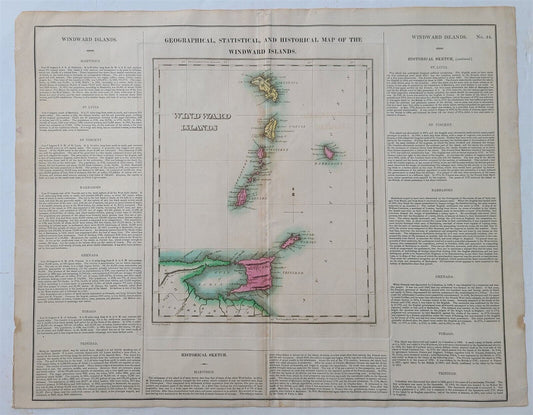 1823 MAP of WINDWARD ISLAND GEOGRAPHICAL STATISTICAL HISTORICAL antique 17.5x 22