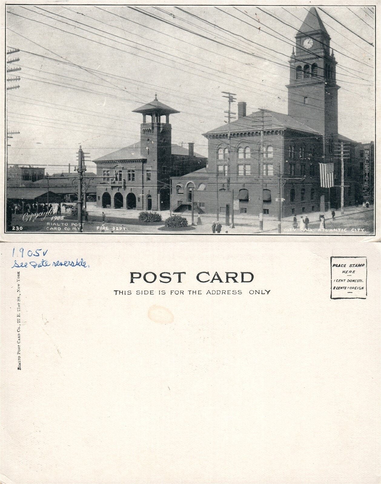 ATLANTIC CITY N.J. FIRE DEPARTMENT CITY HALL UNDIVIDED ANTIQUE POSTCARD