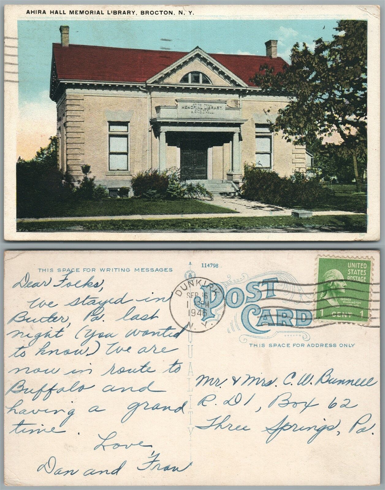 BROCTON N.Y. AHIRA HALL MEMORIAL LIBRARY 1948 VINTAGE POSTCARD