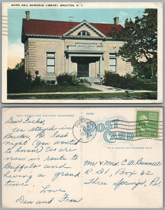 BROCTON N.Y. AHIRA HALL MEMORIAL LIBRARY 1948 VINTAGE POSTCARD