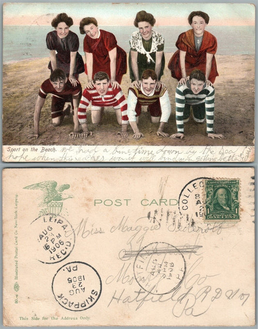 SPORT ON THE BEACH 1906 ANTIQUE POSTCARD