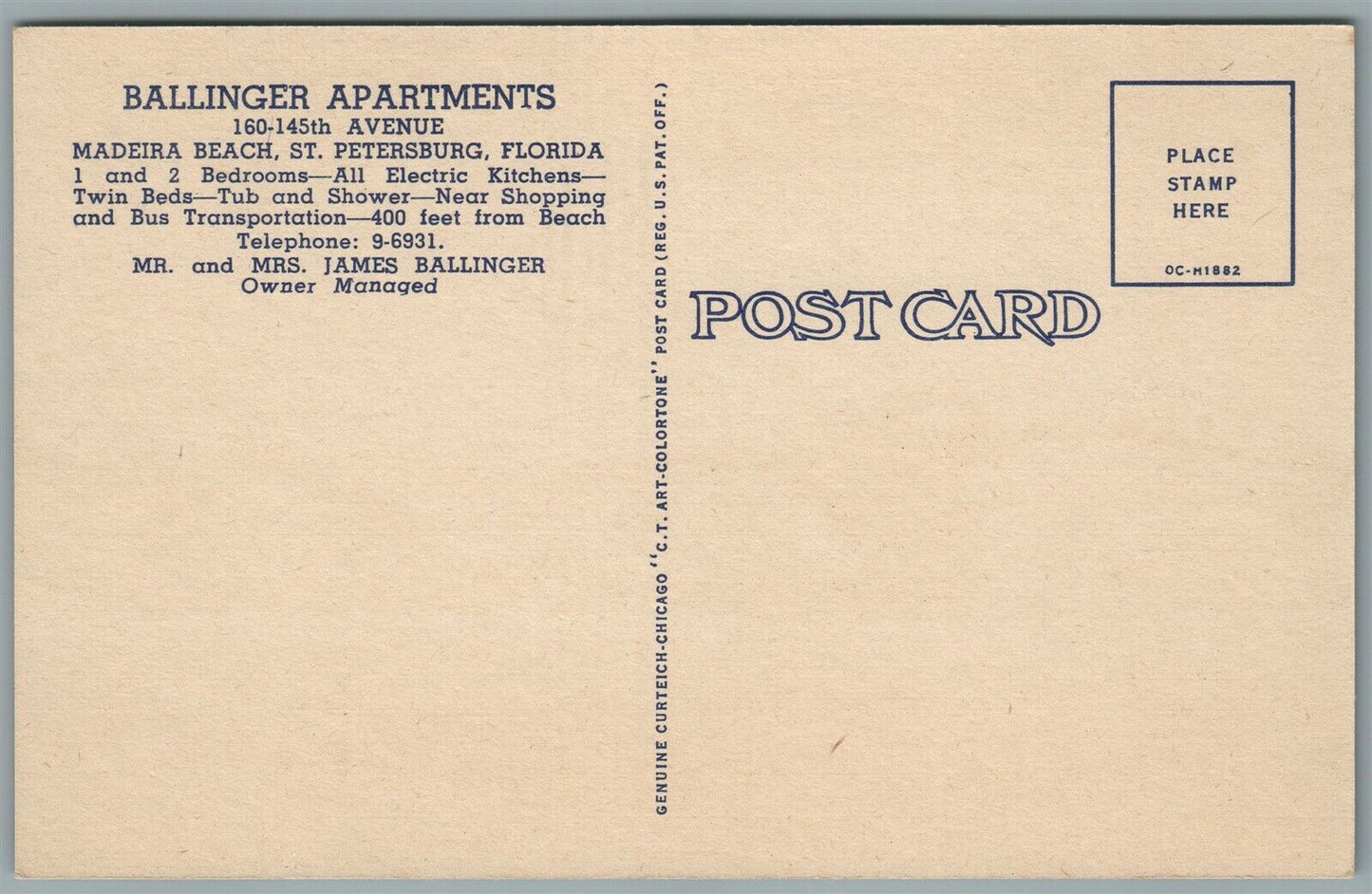 ST.PETERSBURG FL MADEIRA BEACH BALLINGER APARTMENTS VINTAGE POSTCARD