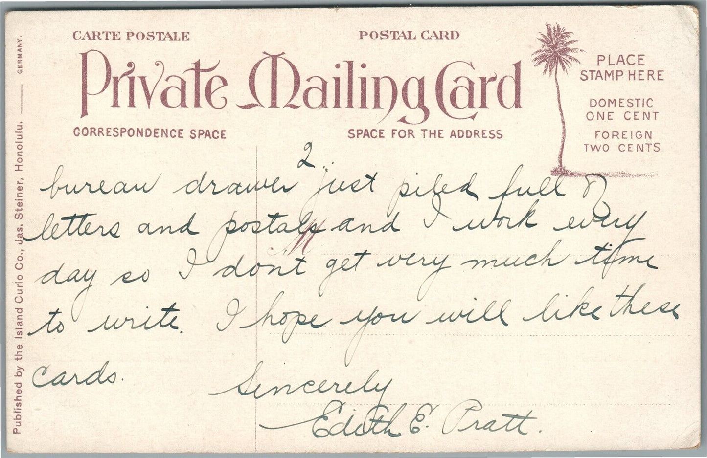 HONOLULU HAWAIIAN ISLANDS MOANA HOTEL ANTIQUE POSTCARD PRIVATE MAILING CARD