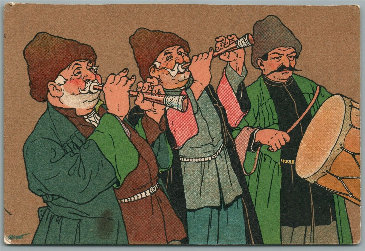 GEORGIA TIFLIS CAUCASUS MUSICIANS SIGNED ANTIQUE RUSSIAN POSTCARD