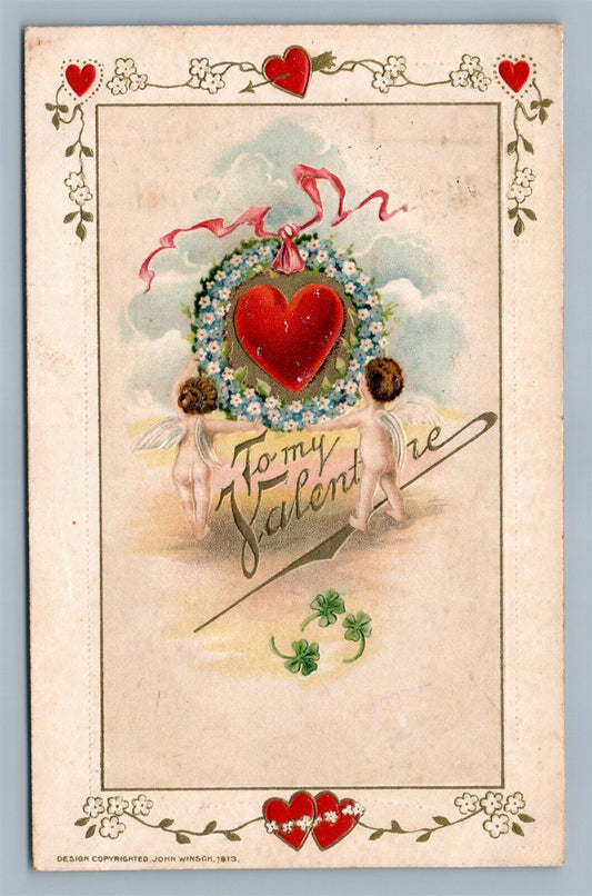 VALENTINE 1913 COPYRIGHT EMBOSSED ANTIQUE POSTCARD by JOHN WINSCH w/ cork cancel