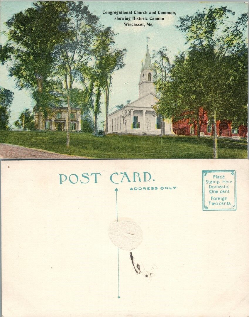 CONGREGATIONAL CHURCH & COMMON WISCASSET ME ANTIQUE POSTCARD