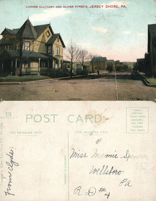 JERSEY SHORE PA ALLEGHENY & OLIVER STREETS ANTIQUE POSTCARD
