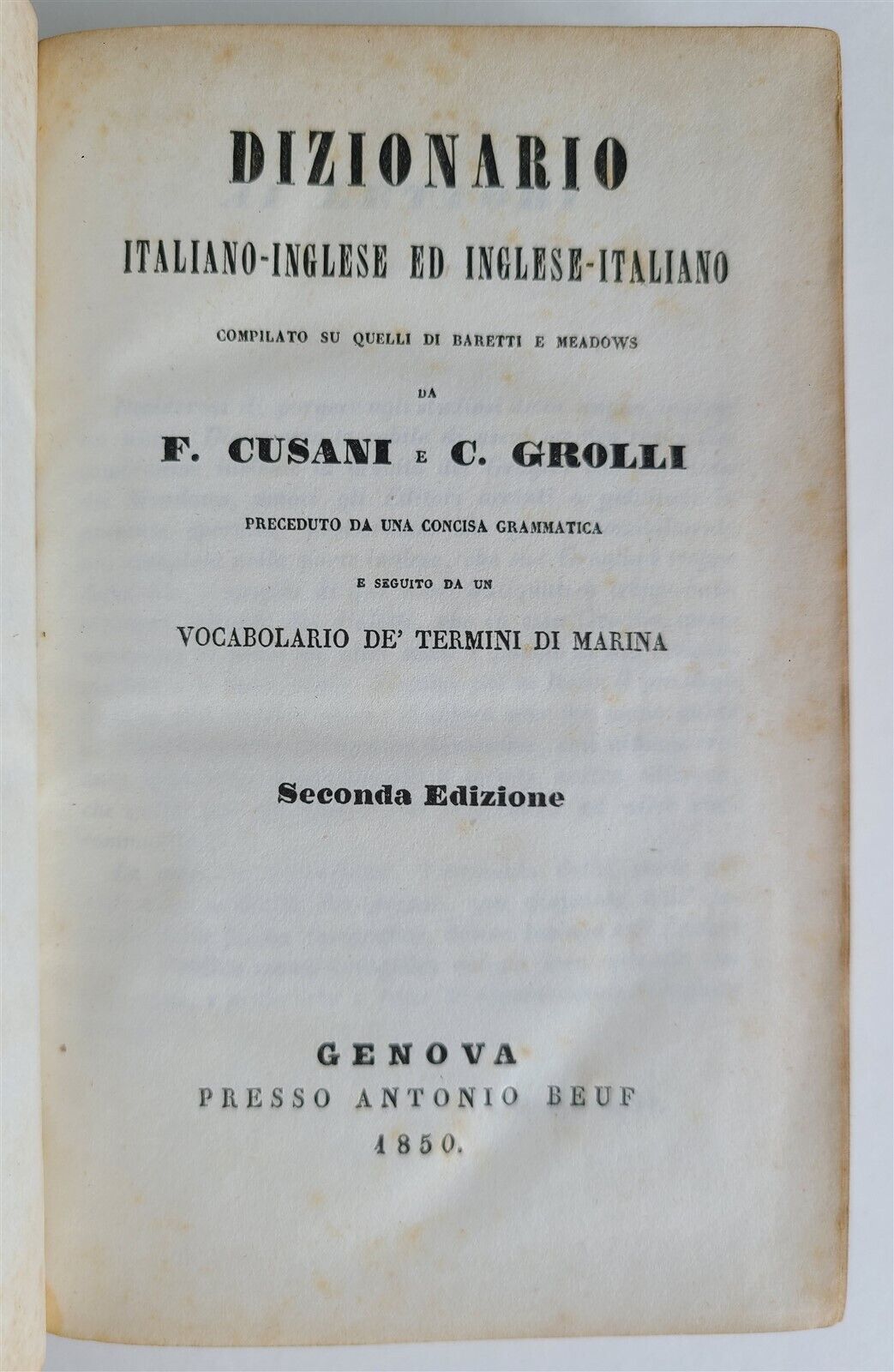 1850 ITALIAN and ENGLISH DICTIONARY antique VELLUM BOUND