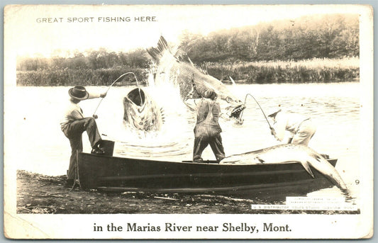 MARIAS RIVER SHELBY MT FISHING EXAGGERATED ANTIQUE REAL PHOTO RPPC PHOTOMONTAGE