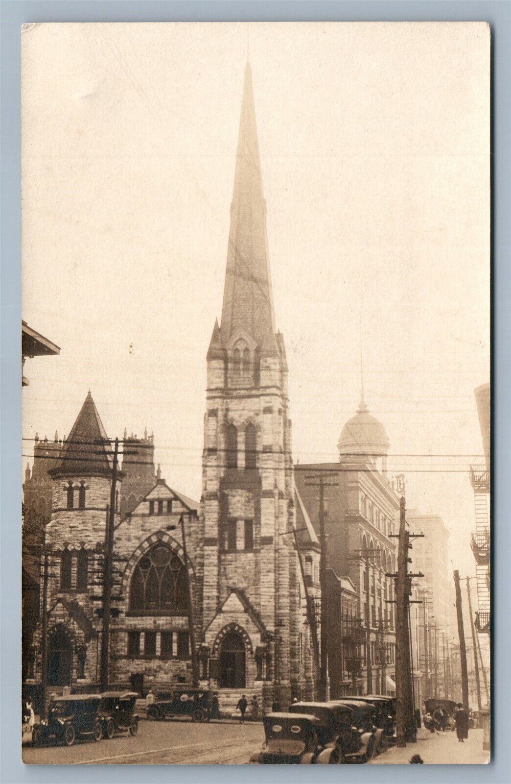 CITY STREET SCENE w/ CHURCH ANTIQUE REAL PHOTO POSTCARD RPPC