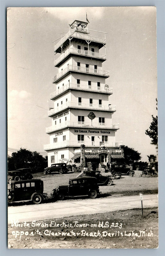 DEVILS LAKE MI WHITE SWAN ELECTRIC TOWER VINTAGE REAL PHOTO POSTCARD RPPC