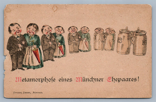 METAMORPHOSE EINES MUNCHNER EHEPAARES ANTIQUE COMIC POSTCARD