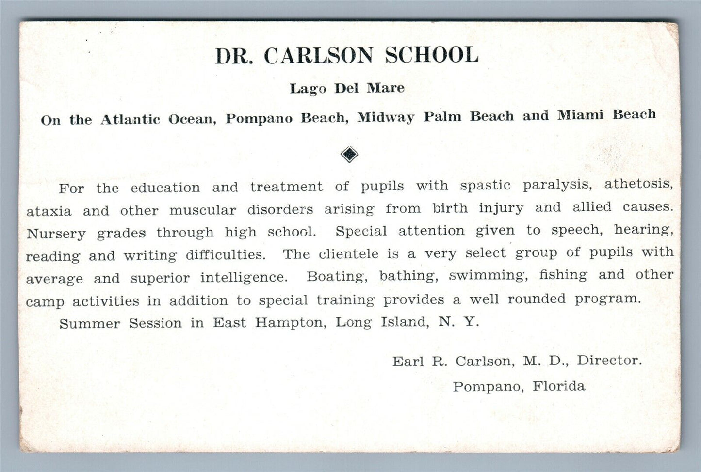 LAGO DEL MARE FL DR.CARLSON SCHOOL ADVERTISING VINTAGE POSTCARD