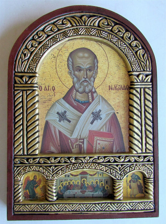 GREEK BYZANTINE STYLE ORTHODOX ICON on WOOD of ST. NICHOLAS