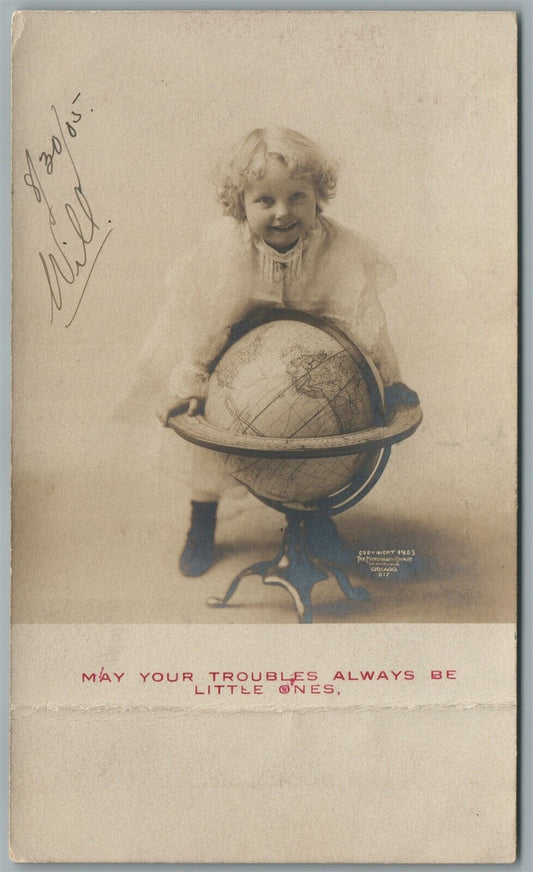 BABY BOY W/ GLOBE 1905 ANTIQUE REAL PHOTO POSTCARD RPPC