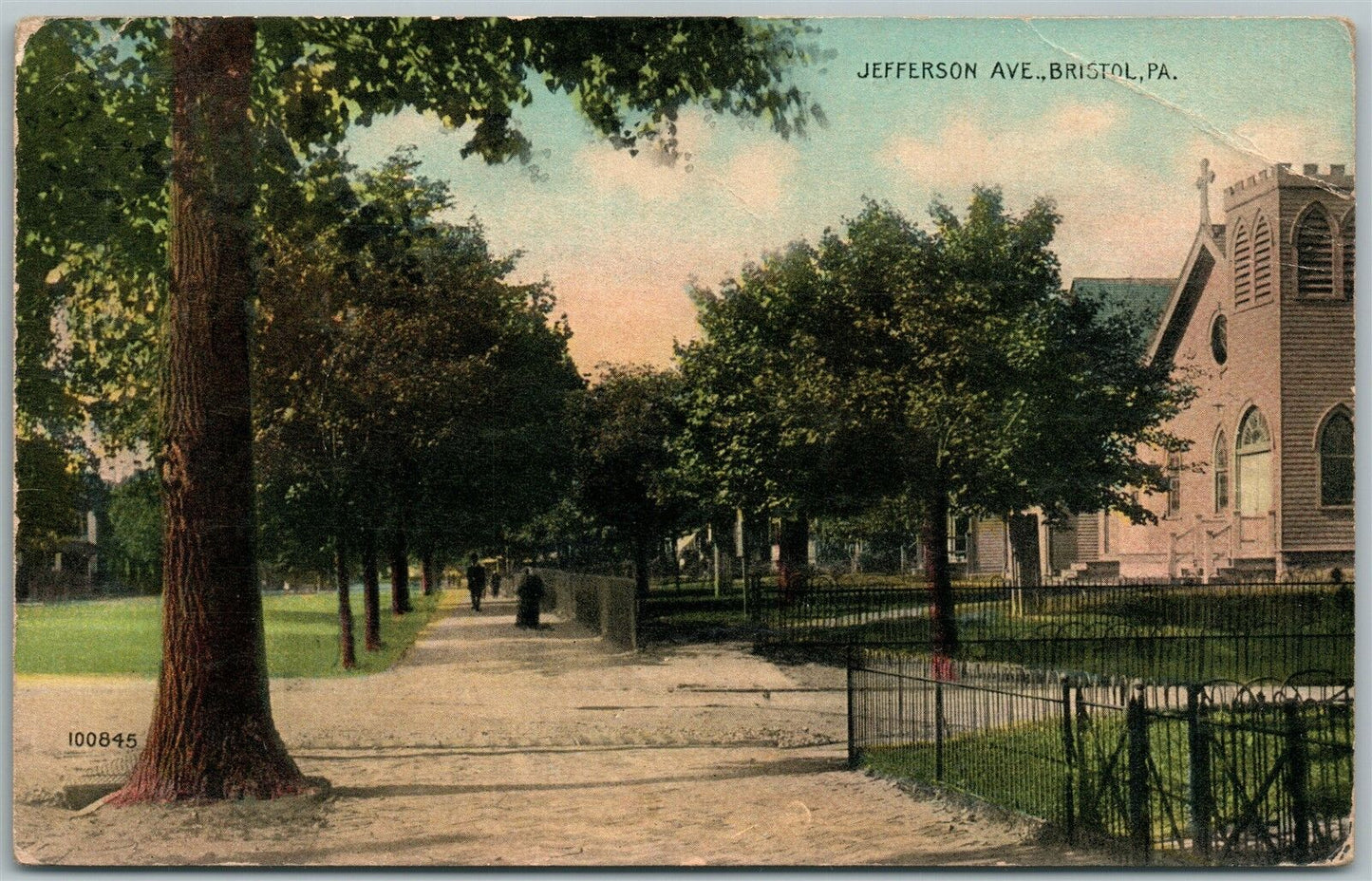BRISTOL BUCKS COUNTY PA JEFFERSON AVENUE 1913 ANTIQUE POSTCARD w/ CORK CANCEL