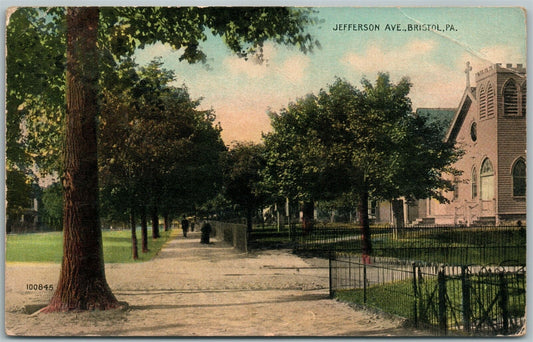 BRISTOL BUCKS COUNTY PA JEFFERSON AVENUE 1913 ANTIQUE POSTCARD w/ CORK CANCEL